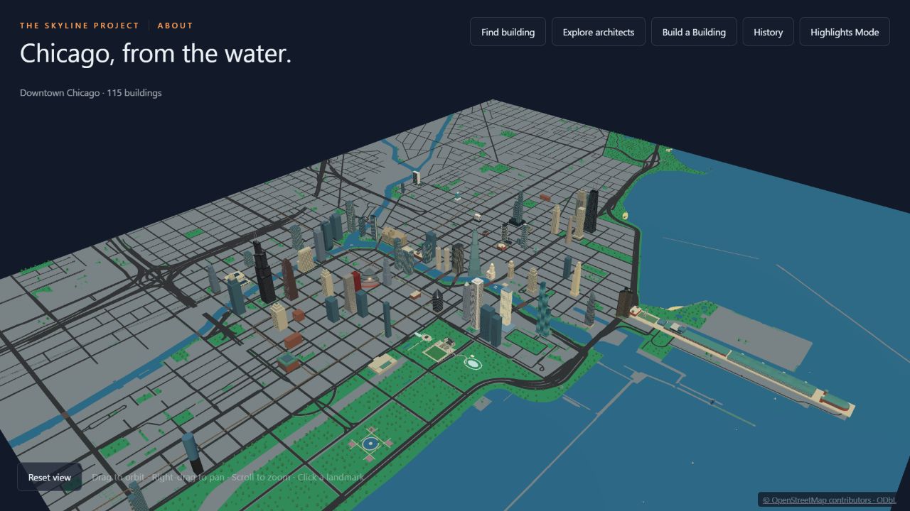 The Skyline Project showing a three-dimensional model of downtown Chicago, the river, and Lake Michigan